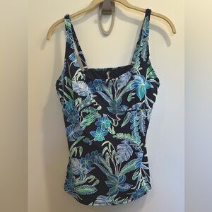 Lands End Tropical Print Navy Tankini Top Underwire Cups Size 10